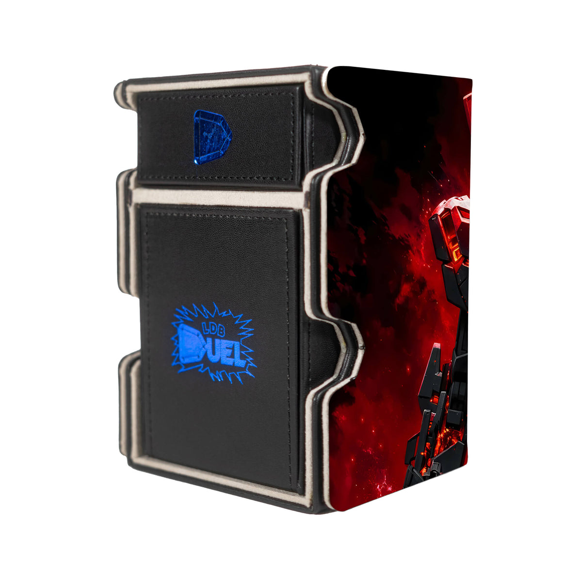 Here is the Right View of the RX-0 Unicorn Gundam Mach 3 Black Deck Box. Beam-Saber-anime-deck-tray-dice-tray-LDB-Duel