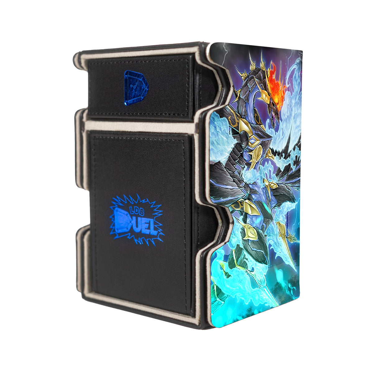 Here is the Right View of the Red-Eyes Zombie Dragon Mach 3 Black Deck Box. Necro-Dragon-yugioh-deck-tray-dice-tray-LDB-Duel