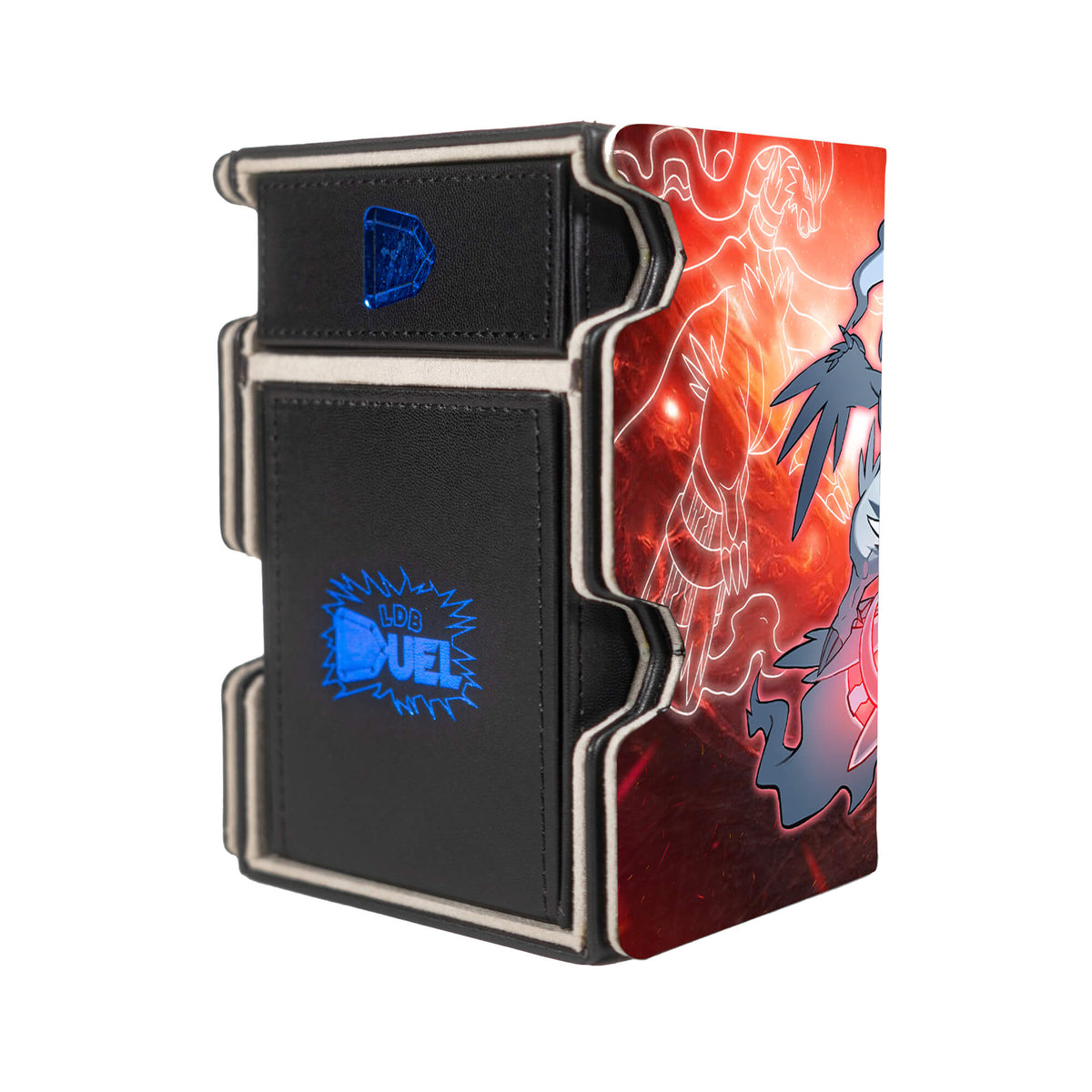 Here is the Right View of the Reshiram and Zekrom Mach 3 Black Deck Box. Electric-yugioh-deck-tray-dice-tray-LDB-Duel