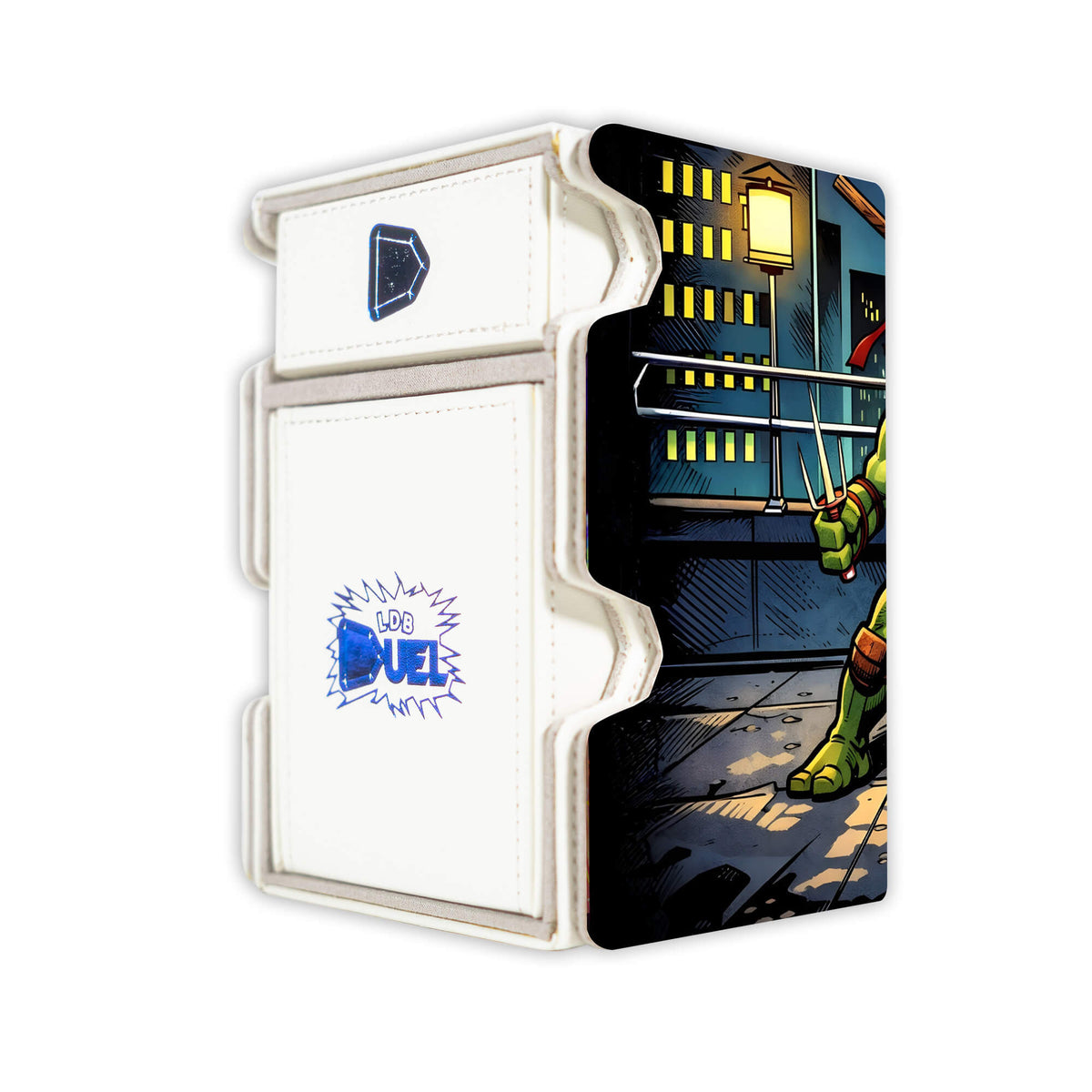 Here is the Right View of the Rooftop Vigilante Mach 3 White Deck Box. Michelangelo-mtg-deck-tray-dice-tray-LDB-Duel