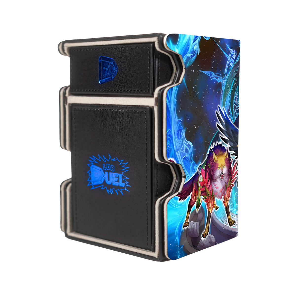 Here is the Right View of the Runick Archetype Mach 3 Black Deck Box. Runick-Dispelling-yugioh-deck-tray-dice-tray-LDB-Duel