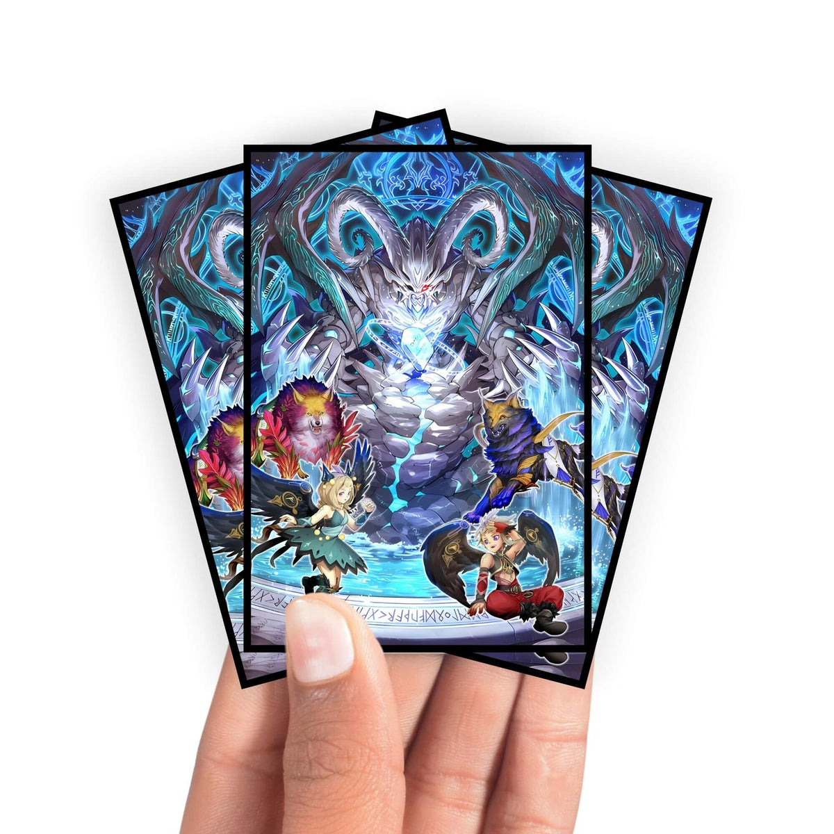 Enhance your cards with our elegant black border card sleeves, featuring a sleek, sophisticated design for a bold, modern aesthetic. From LDB Duel. Perfect for showcasing your collection, these sleeves are printed with our exclusive Runick Archetype design. Runick-yugioh-mtg-pokemon-card-protection-standard-japanese-dragon-shield-LDB-Duel-black