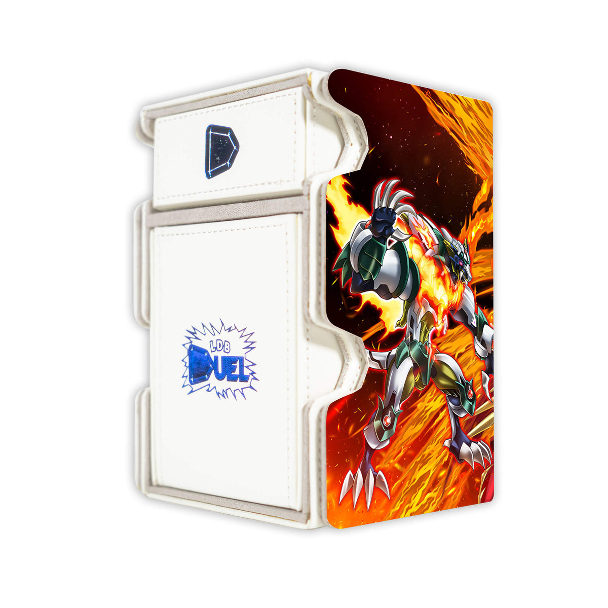 Here is the Right View of the Salamangreat Raging Phoenix Mach 3 White Deck Box. Almiraj-yugioh-deck-tray-dice-tray-LDB-Duel