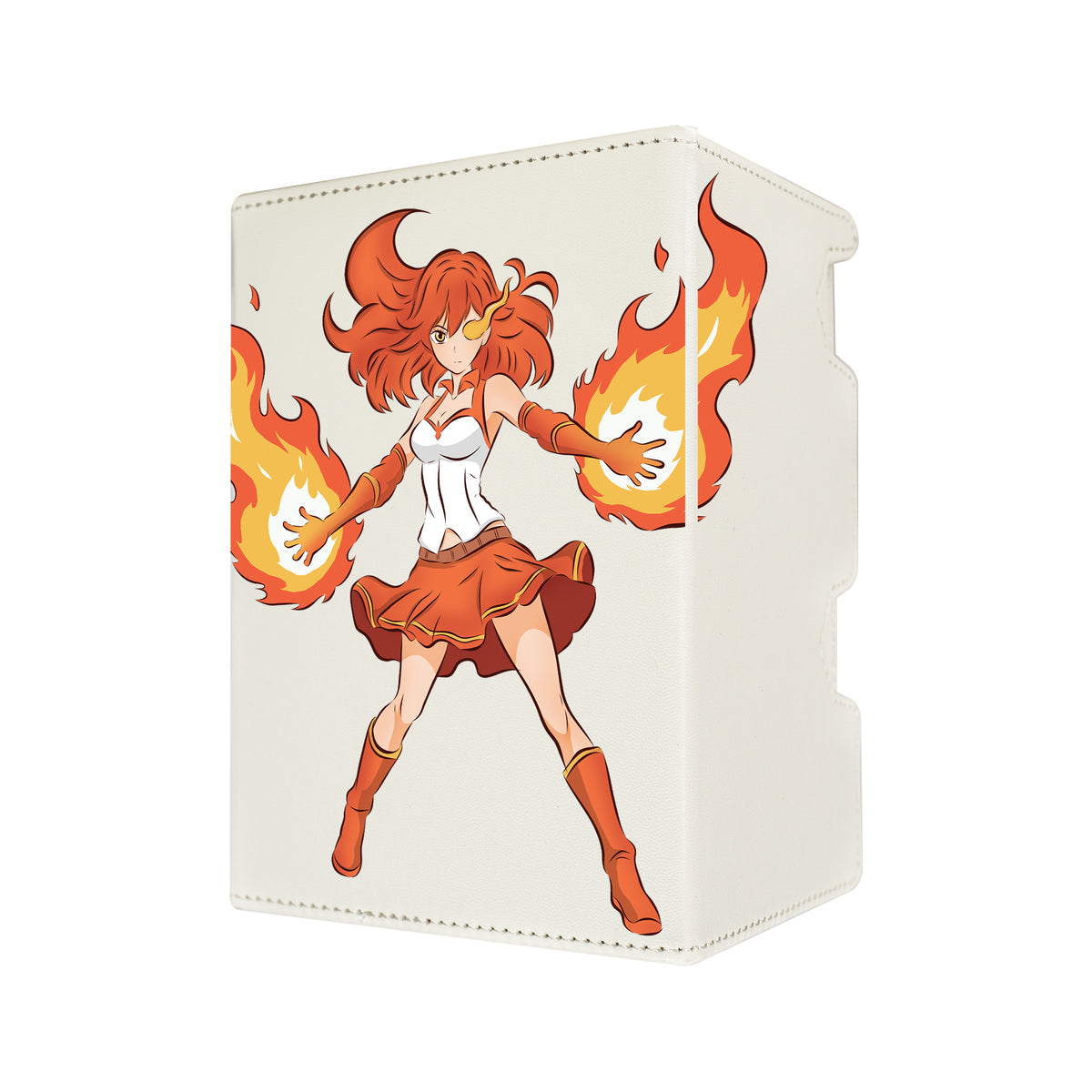 Here's another quality white deck box from LDB Duel featuring our exclusive Scarlet Inferno art. Fits all types of trading card games, including Pokémon, Yu-Gi-Oh! and Magic The Gathering. The perfect card holder for the TCG player safely holds up to 100 double-sleeved cards. EVEN in extra thick sleeves. Comes with a pull-out dice tray. Scarlet-yugioh-mtg-pokemon-tcg-accessories-card-storage-LDB-Duel