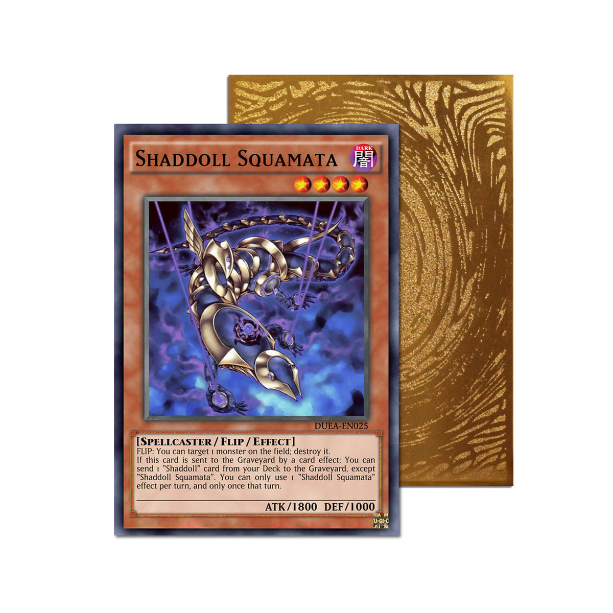Level up your game with our custom-printed metal orica cards, featuring exclusive Shaddoll Squamata artwork in gold metal. Durable, scratch-resistant, and embossed with the iconic Yu-Gi-Oh! card back, these slim orica cards fit perfectly in card sleeves. Shaddoll-yugioh-mtg-pokemon-metal-card-embossed-design-custom-artwork-duel-accessories-ldb-duel