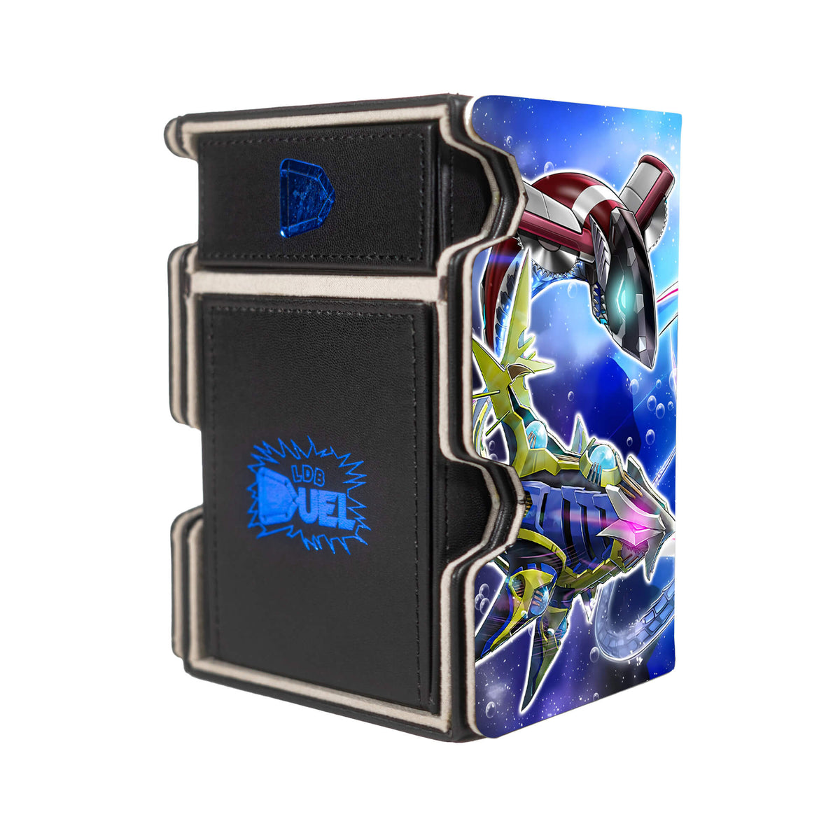 Here is the Right View of the Shark Drake LeVeiss Mach 3 Black Deck Box. Number-C-yugioh-deck-tray-dice-tray-LDB-Duel