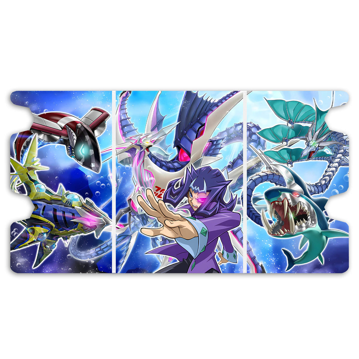 Here is the Full Lid Design of the Shark Drake LeVeiss Mach 3 White Deck Box. Shark-yugioh-custom-deck-portable-collector-LDB-Duel