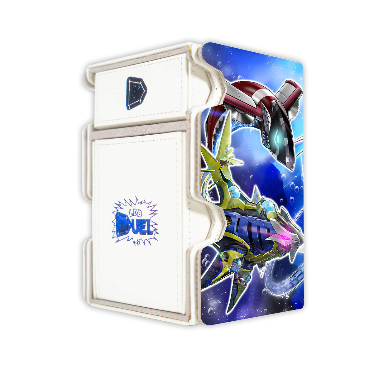 Here is the Right View of the Shark Drake LeVeiss Mach 3 White Deck Box. Water-yugioh-deck-tray-dice-tray-LDB-Duel