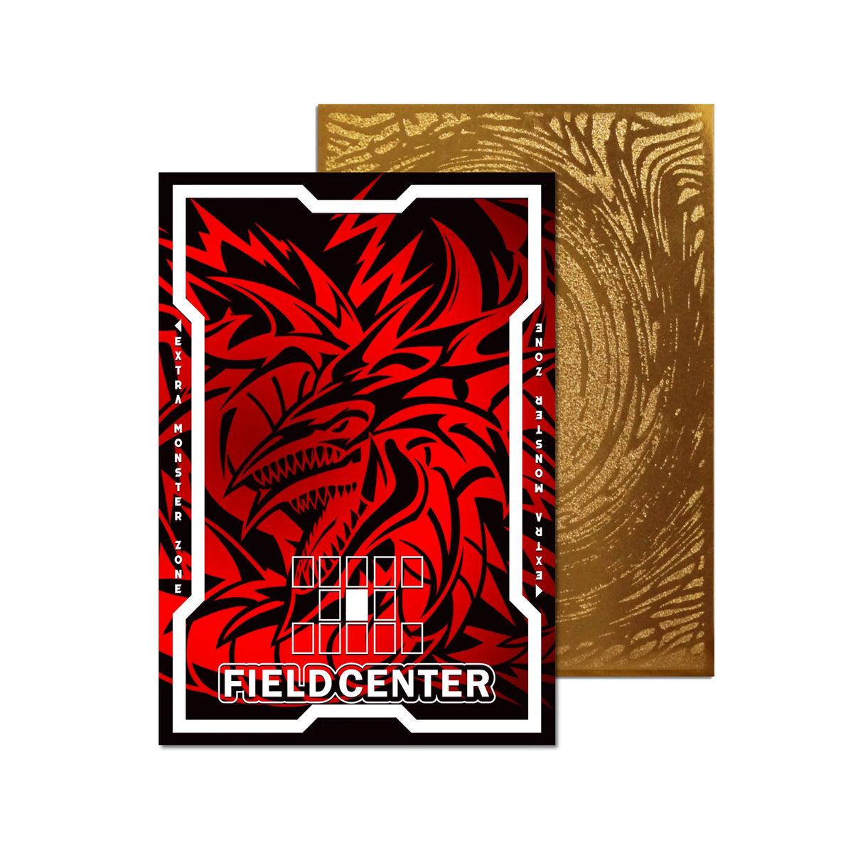 Level up your game with our custom-printed metal field centers, featuring exclusive Sky Dragon of Osiris artwork in gold metal. Durable, scratch-resistant, and embossed with the iconic Yu-Gi-Oh! card back, these slim field centers fit perfectly in card sleeves. Egyptian-God-yugioh-metal-card-embossed-design-custom-artwork-duel-accessories-ldb-duel