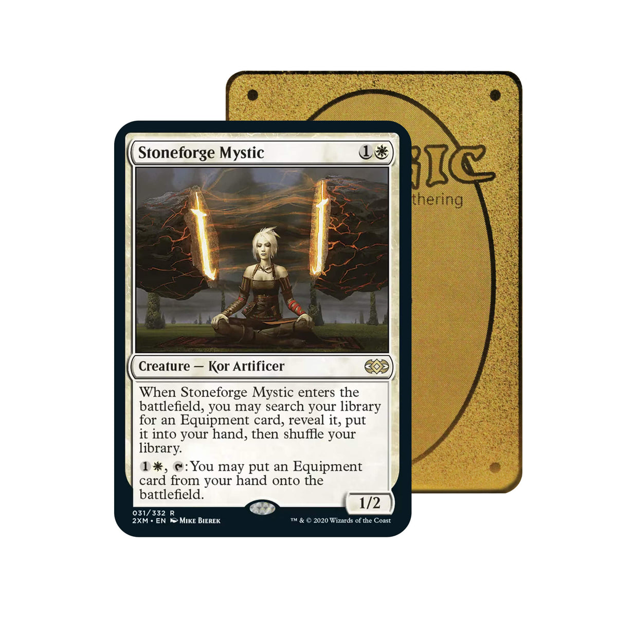 Level up your game with our custom-printed metal orica cards, featuring exclusive Stoneforge Mystic artwork in gold metal. Durable, scratch-resistant, and embossed with the iconic Yu-Gi-Oh! card back, these slim orica cards fit perfectly in card sleeves. Stoneblade-mtg-yugioh-pokemon-metal-card-embossed-design-custom-artwork-duel-accessories-ldb-duel