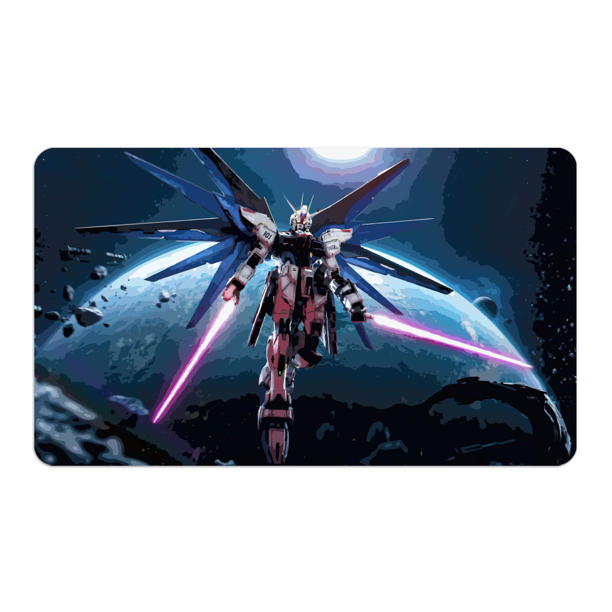 Transform your dueling experience with LDB Duel featuring our exclusive art Strike Gundam playmat! Featuring a soft cloth top for smooth card movement and a durable rubber back for a secure grip, this 24x14 inch mat is machine washable and safe for cards and sleeves. Gundam-anime-custom-artwork-premium-durable-rubber-ldb-duel