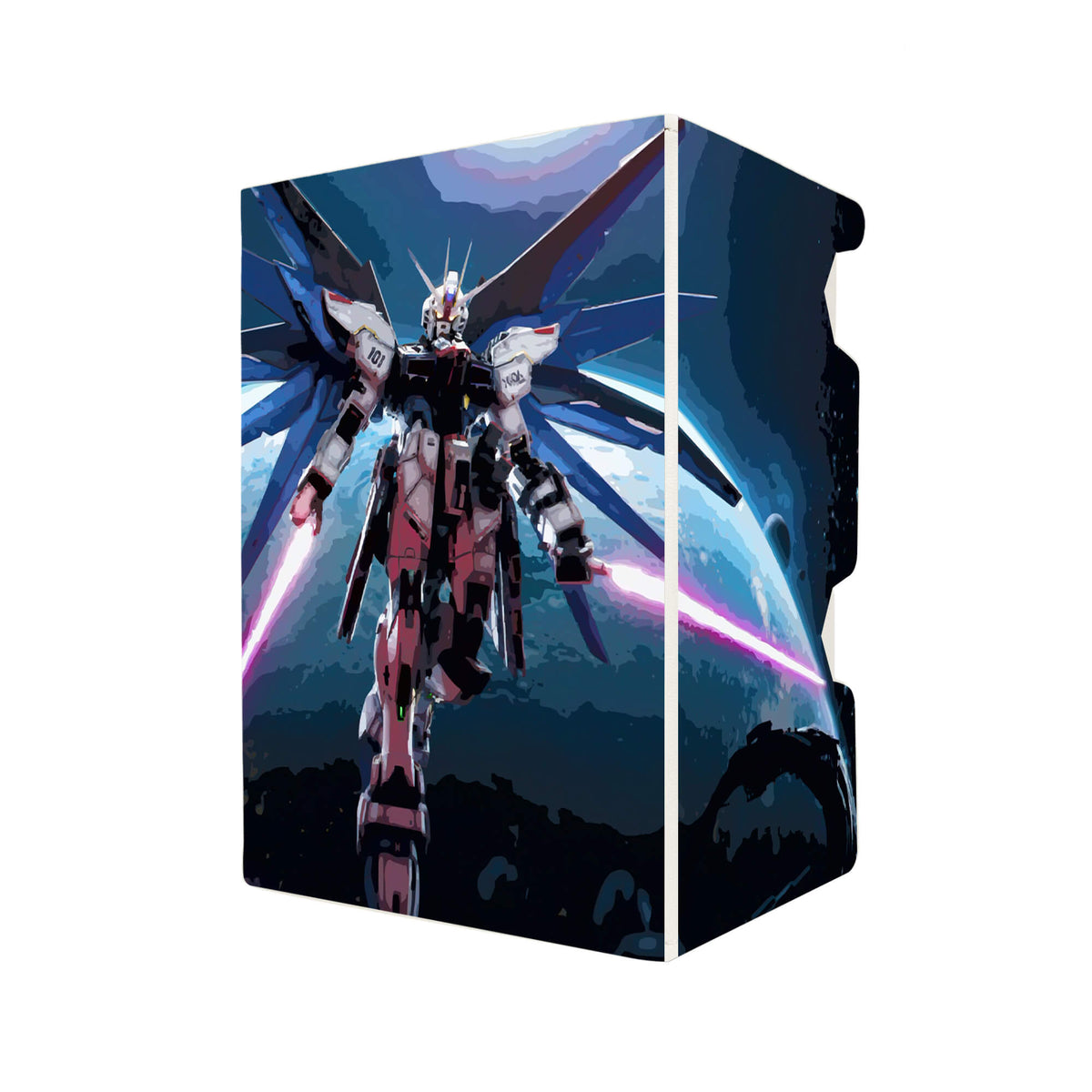 Here's another quality white deck box from LDB Duel featuring our exclusive Strike Gundam art. Fits all types of trading card games, including Pokémon, Yu-Gi-Oh! and Magic The Gathering. The perfect card holder for the TCG player safely holds up to 100 double-sleeved cards. EVEN in extra thick sleeves. Comes with a pull-out dice tray. Gundam-anime-tcg-accessories-card-storage-LDB-Duel