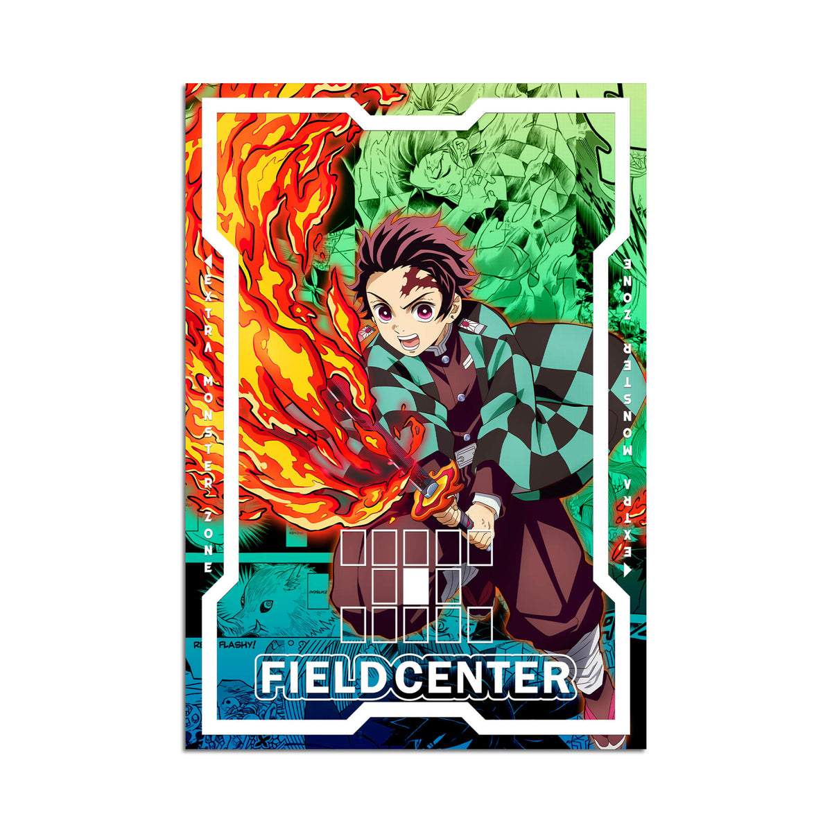 Level up your game with our custom-printed metal field centers, featuring exclusive Tanjiro Kamado artwork in gold metal. Durable, scratch-resistant, and embossed with the iconic Yu-Gi-Oh! card back, these slim field centers fit perfectly in card sleeves. Demon-Slayer-yugioh-mtg-pokemon-metal-card-embossed-design-custom-artwork-duel-accessories-ldb-duel