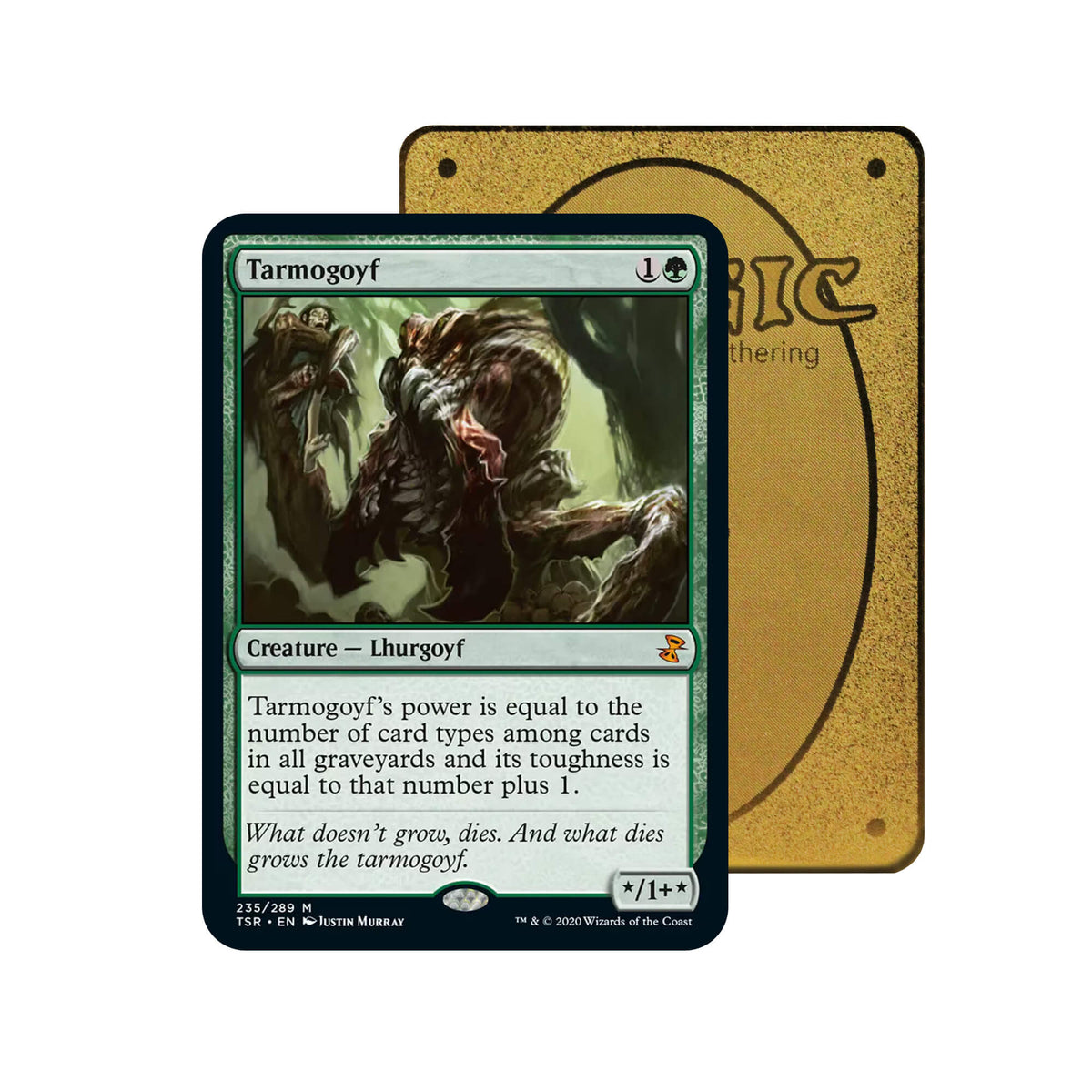 Level up your game with our custom-printed metal orica cards, featuring exclusive Tarmogoyf artwork in gold metal. Durable, scratch-resistant, and embossed with the iconic Yu-Gi-Oh! card back, these slim orica cards fit perfectly in card sleeves. Lhurgoyf-mtg-yugioh-pokemon-metal-card-embossed-design-custom-artwork-duel-accessories-ldb-duel