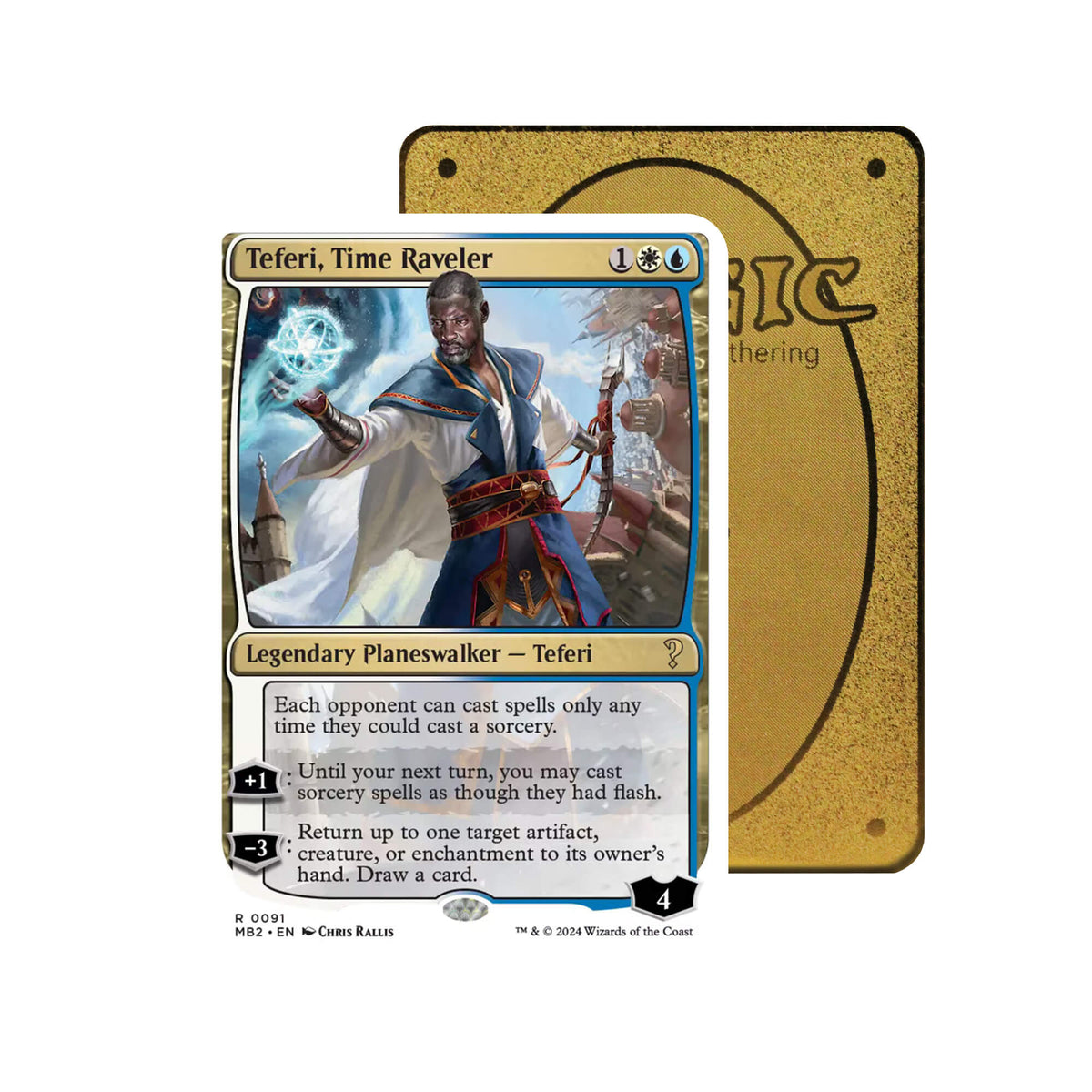 Level up your game with our custom-printed metal orica cards, featuring exclusive Teferi, Time Raveler artwork in gold metal. Durable, scratch-resistant, and embossed with the iconic Yu-Gi-Oh! card back, these slim orica cards fit perfectly in card sleeves. Teferi-mtg-yugioh-pokemon-metal-card-embossed-design-custom-artwork-duel-accessories-ldb-duel