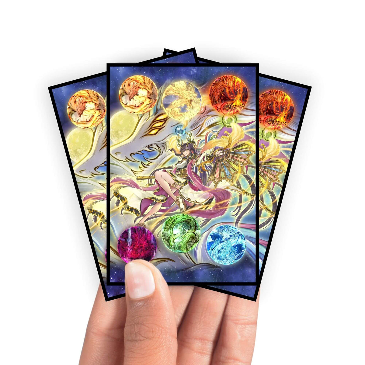 Enhance your cards with our elegant black border card sleeves, featuring a sleek, sophisticated design for a bold, modern aesthetic. From LDB Duel. Perfect for showcasing your collection, these sleeves are printed with our exclusive Tenyi Spirit Archetype design. Tenyi-Spirit-yugioh-mtg-pokemon-card-protection-standard-japanese-dragon-shield-LDB-Duel-black