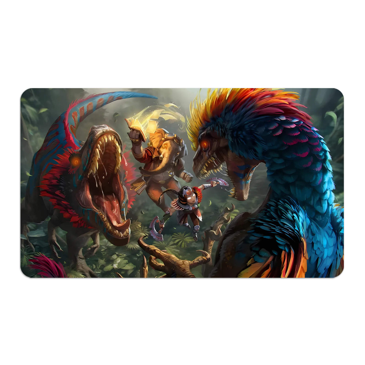 Transform your dueling experience with LDB Duel featuring our exclusive art The Lost Caverns of Ixalan playmat! Featuring a soft cloth top for smooth card movement and a durable rubber back for a secure grip, this 24x14 inch mat is machine washable and safe for cards and sleeves. Dilophosaurus-mtg-yugioh-pokemon-custom-artwork-premium-durable-rubber-ldb-duel