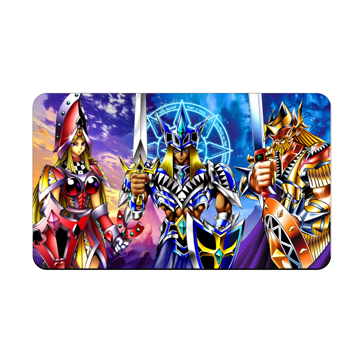 Transform your dueling experience with our exclusive art Three Musketeers of Face Cards playmat from LDB Duel! Featuring a soft cloth top for smooth card movement and a durable rubber back for a secure grip, this 24x14 inch mat is machine washable and safe for cards and sleeves. Kings-Knight-yugioh-mtg-pokemon-custom-artwork-premium-durable-rubber-ldb-duel