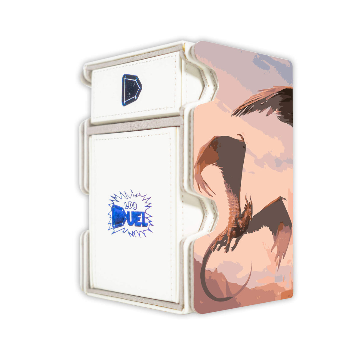 Here is the Right View of the Triplicate Titan Mach 3 White Deck Box. Artifact-Creature-mtg-deck-tray-dice-tray-LDB-Duel