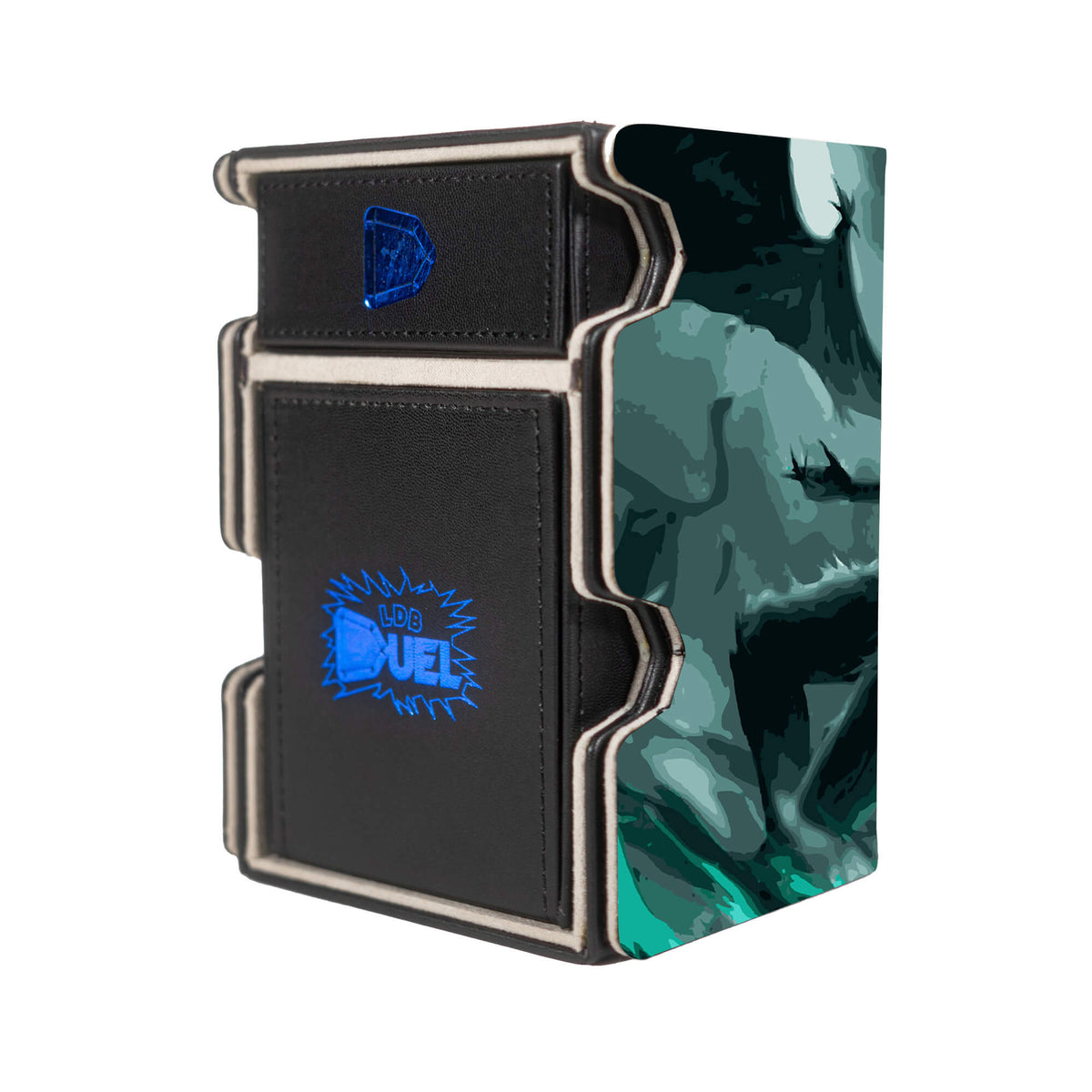 Here is the Right View of the Ulquiorra Cifer Mach 3 Black Deck Box. nihility-mtg-deck-tray-dice-tray-LDB-Duel