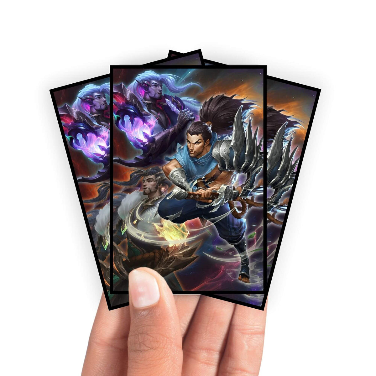 Enhance your cards with our elegant black border card sleeves, featuring a sleek, sophisticated design for a bold, modern aesthetic. From LDB Duel. Perfect for showcasing your collection, these sleeves are printed with our exclusive Yasuo | League of Legends design. Fighter-anime-yugioh-mtg-pokemon-card-protection-standard-japanese-dragon-shield-LDB-Duel-black