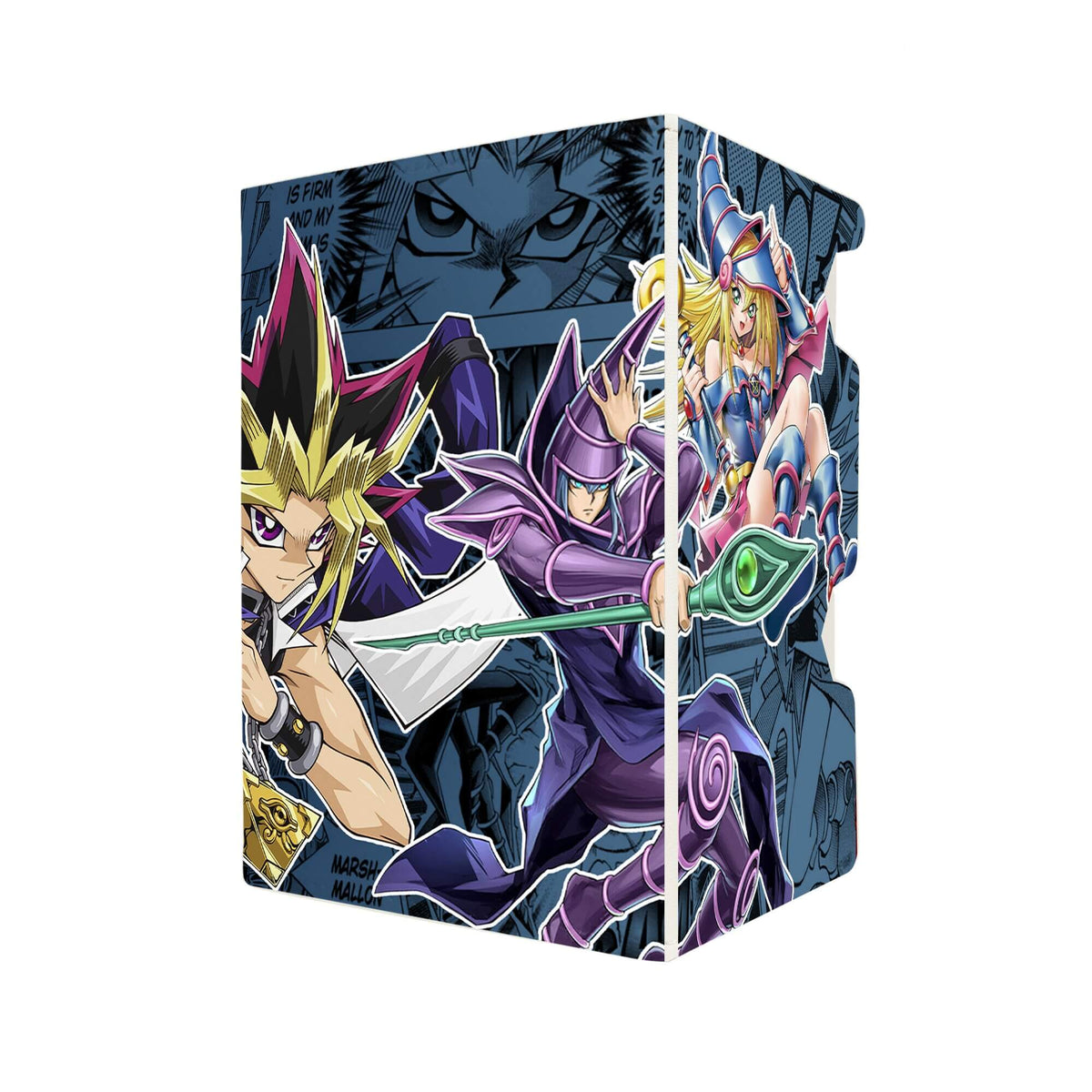 Here's another quality white deck box from LDB Duel featuring our exclusive Yugi's Dark Magicians art. Fits all types of trading card games, including Pokémon, Yu-Gi-Oh! and Magic The Gathering. The perfect card holder for the TCG player safely holds up to 100 double-sleeved cards. EVEN in extra thick sleeves. Comes with a pull-out dice tray. Duelists-King-yugioh-tcg-accessories-card-storage-LDB-Duel