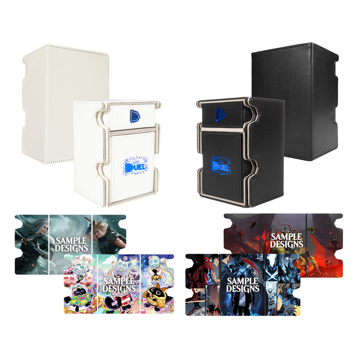 Collection of card storage boxes and sleeves with sample designs on a white background
