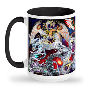 Black mug featuring many monster cards from the cyber dragon archetype. Only at LDB Duel 