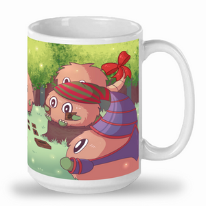 White Kuriboh mug. Featuring a bunch of fun Kuribohs in the forest playing card games. By LDB Duel. 
