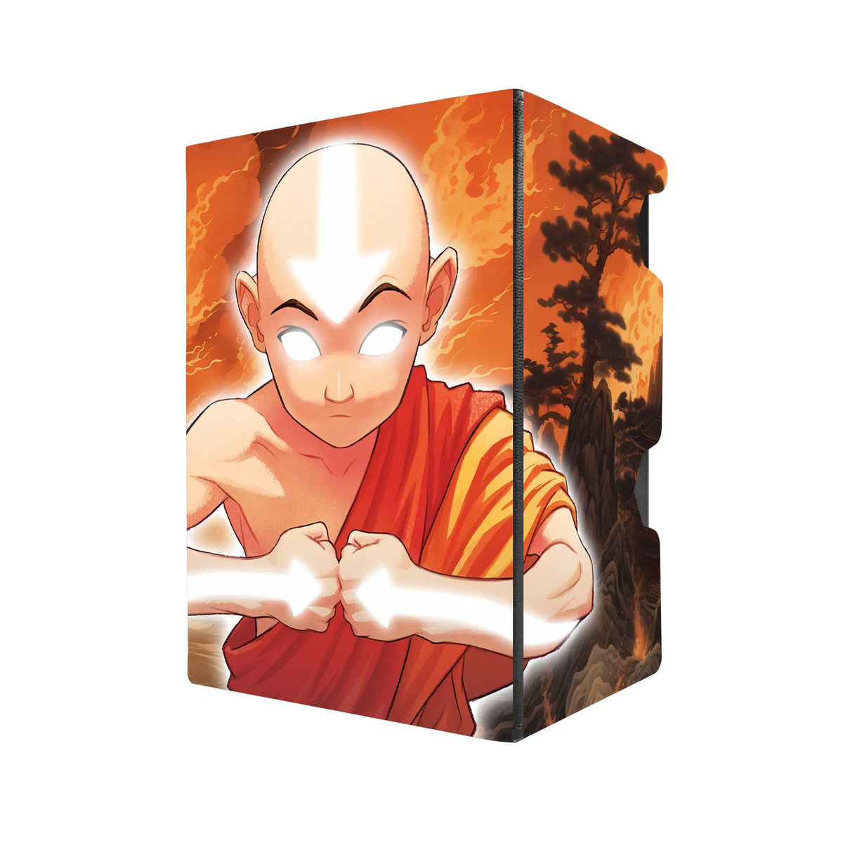 Here's another quality black deck box from LDB Duel featuring our exclusive Aang Avatar State art. Fits all types of trading card games, including Pokémon, Yu-Gi-Oh! and Magic The Gathering. The perfect card holder for the TCG player safely holds up to 100 double-sleeved cards. EVEN in extra thick sleeves. Comes with a pull-out dice tray. Aang-mtg-tcg-accessories-card-storage-LDB-Duel