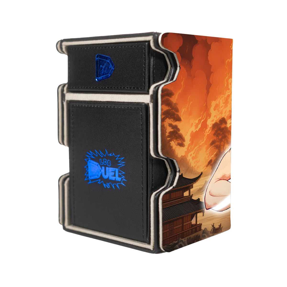 Here is the Right View of the Aang Avatar State Mach 3 Black Deck Box. Air-Temple-mtg-deck-tray-dice-tray-LDB-Duel