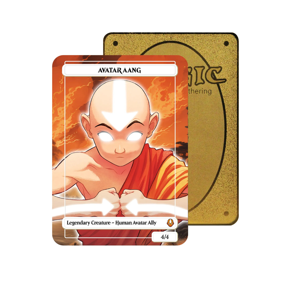 Level up your game with our custom-printed metal orica card, featuring exclusive Aang Avatar State artwork in gold metal. Durable, scratch-resistant, and embossed with the iconic Magic: The Gathering card back, these slim orica cards fit perfectly in card sleeves. Aang-mtg-metal-card-embossed-design-custom-artwork-duel-accessories-ldb-duel