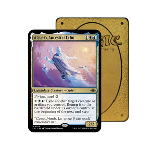 Level up your game with our custom-printed metal orica cards, featuring exclusive Abuelo, Ancestral Echo artwork in gold metal. Durable, scratch-resistant, and embossed with the iconic Yu-Gi-Oh! card back, these slim orica cards fit perfectly in card sleeves. Spirit-mtg-yugioh-pokemon-metal-card-embossed-design-custom-artwork-duel-accessories-ldb-duel