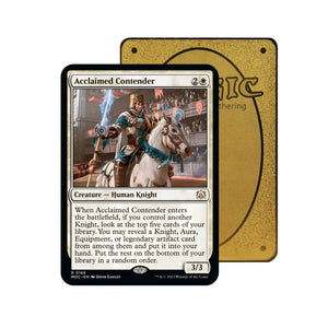 Level up your game with our custom-printed metal orica cards, featuring exclusive Acclaimed Contender artwork in gold metal. Durable, scratch-resistant, and embossed with the iconic Yu-Gi-Oh! card back, these slim orica cards fit perfectly in card sleeves. Human-Knight-mtg-yugioh-pokemon-metal-card-embossed-design-custom-artwork-duel-accessories-ldb-duel