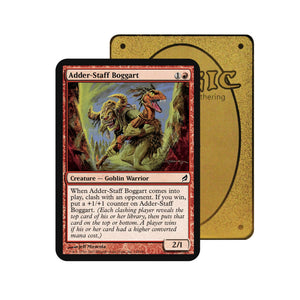 Level up your game with our custom-printed metal orica cards, featuring exclusive Adder-Staff Boggart artwork in gold metal. Durable, scratch-resistant, and embossed with the iconic Yu-Gi-Oh! card back, these slim orica cards fit perfectly in card sleeves. Goblin-Warrior-mtg-yugioh-pokemon-metal-card-embossed-design-custom-artwork-duel-accessories-ldb-duel