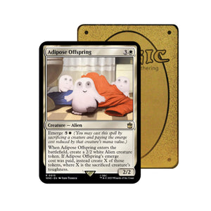 Level up your game with our custom-printed metal orica cards, featuring exclusive Adipose Offspring artwork in gold metal. Durable, scratch-resistant, and embossed with the iconic Yu-Gi-Oh! card back, these slim orica cards fit perfectly in card sleeves. Alien-mtg-yugioh-pokemon-metal-card-embossed-design-custom-artwork-duel-accessories-ldb-duel