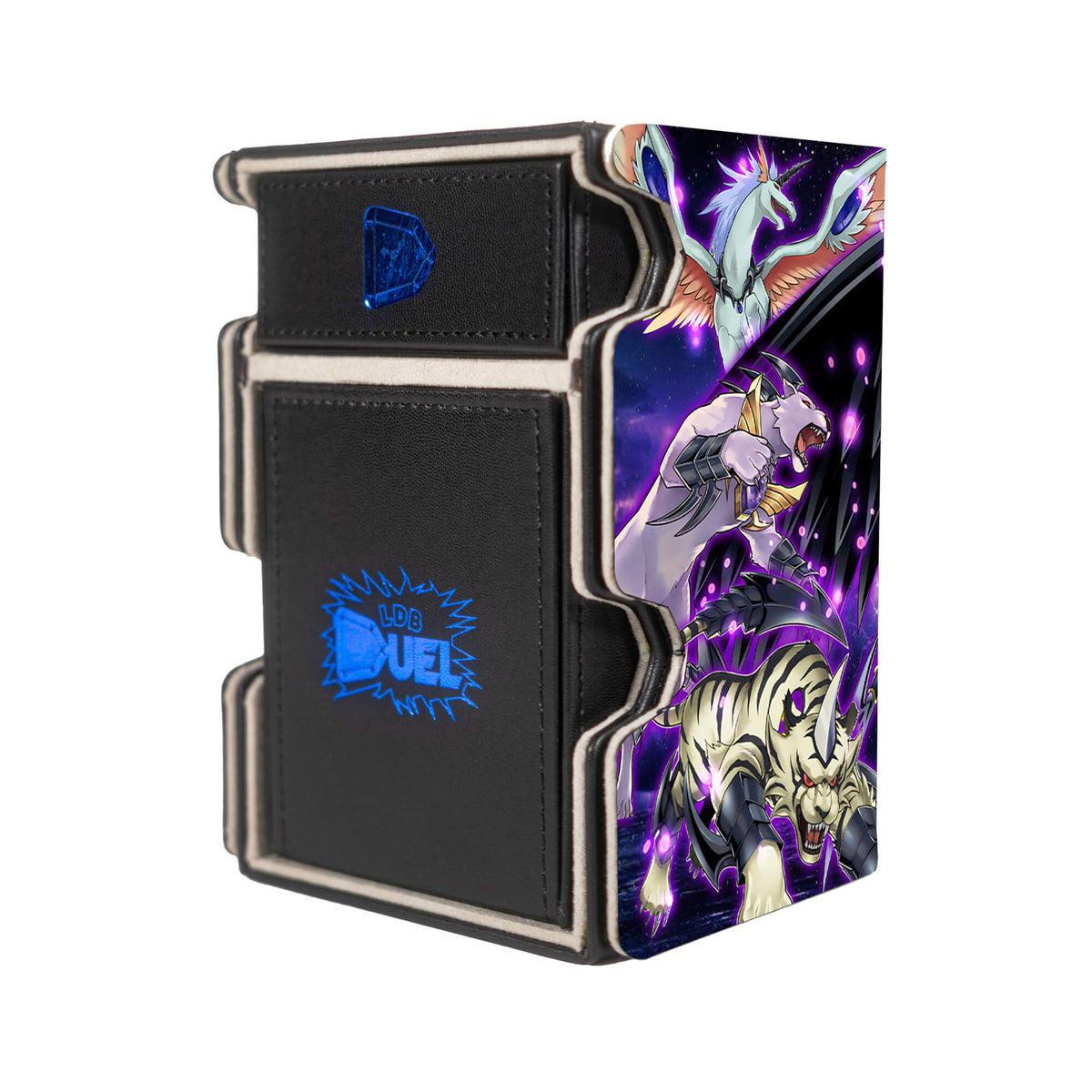 Here is the Right View of the Advanced Crystal Beast Mach 3 Black Deck Box. Topaz-Tiger-yugioh-deck-tray-dice-tray-LDB-Duel