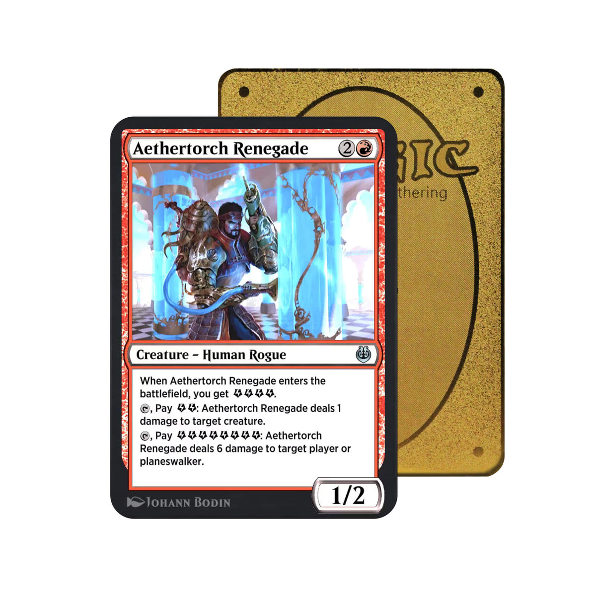 Level up your game with our custom-printed metal orica cards, featuring exclusive Aethertorch Renegade artwork in gold metal. Durable, scratch-resistant, and embossed with the iconic Yu-Gi-Oh! card back, these slim orica cards fit perfectly in card sleeves. Human-Rogue-mtg-yugioh-pokemon-metal-card-embossed-design-custom-artwork-duel-accessories-ldb-duel