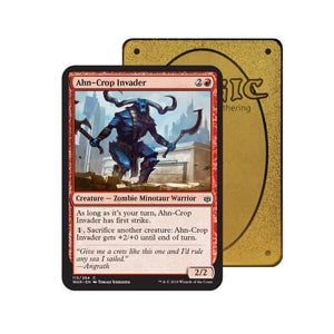 Level up your game with our custom-printed metal orica cards, featuring exclusive Ahn-Crop Invader artwork in gold metal. Durable, scratch-resistant, and embossed with the iconic Yu-Gi-Oh! card back, these slim orica cards fit perfectly in card sleeves. Berserker-mtg-yugioh-pokemon-metal-card-embossed-design-custom-artwork-duel-accessories-ldb-duel
