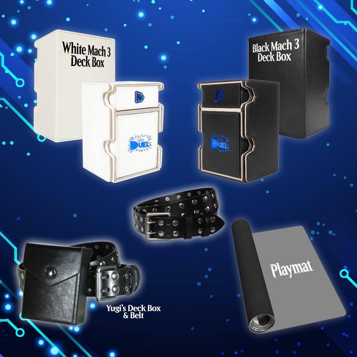 Collection of gaming accessories including a White Mach 3 Deck Box, Black Mach 3 Deck Box, Yugi's Deck Box & Belt, and Playmat on a blue background.