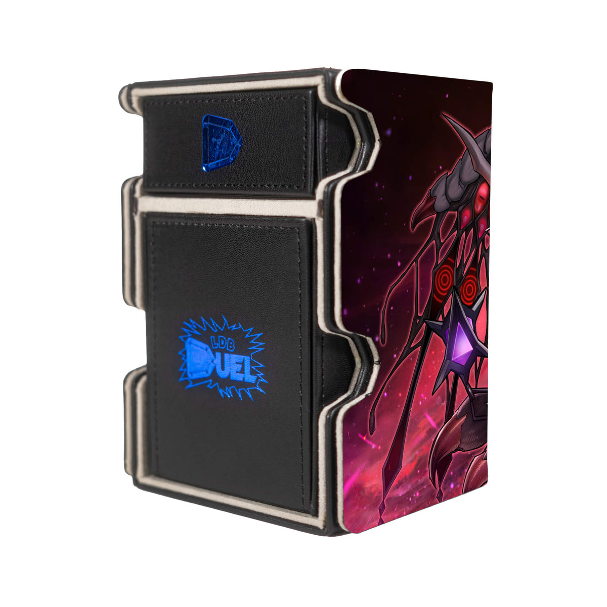 Here is the Right View of the Aluber the Jester Despia Mach 3 Black Deck Box. Bystial-yugioh-deck-tray-dice-tray-LDB-Duel