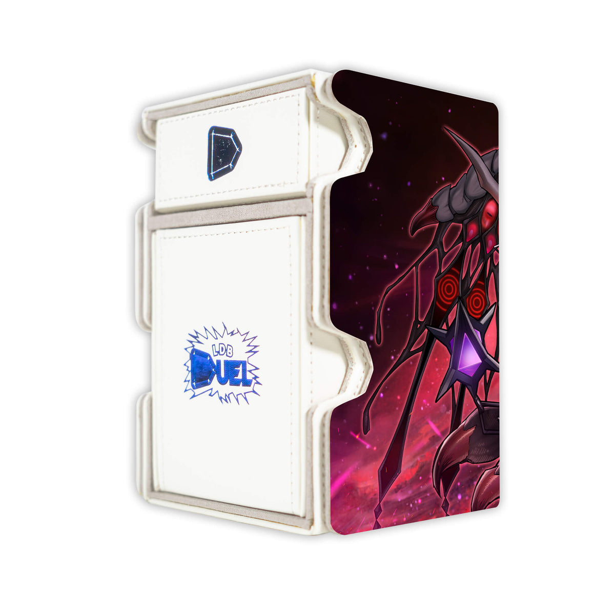 Here is the Right View of the Aluber the Jester Despia Mach 3 White Deck Box. Albaz-yugioh-deck-tray-dice-tray-LDB-Duel