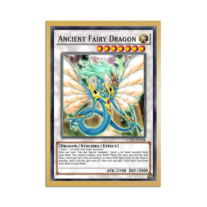 Level up your game with our custom-printed metal orica cards, featuring exclusive Ancient Fairy Dragon artwork in gold metal. Durable, scratch-resistant, and embossed with the iconic Yu-Gi-Oh! card back, these slim orica cards fit perfectly in card sleeves. Luna-yugioh-mtg-pokemon-metal-card-embossed-design-custom-artwork-duel-accessories-ldb-duel