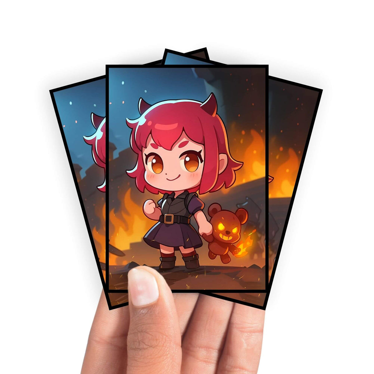 Enhance your cards with our elegant black border card sleeves, featuring a sleek, sophisticated design for a bold, modern aesthetic. From LDB Duel. Perfect for showcasing your collection, these sleeves are printed with our exclusive Annie | League of Legends design. Pyromania-anime-yugioh-mtg-pokemon-card-protection-standard-japanese-dragon-shield-LDB-Duel-black