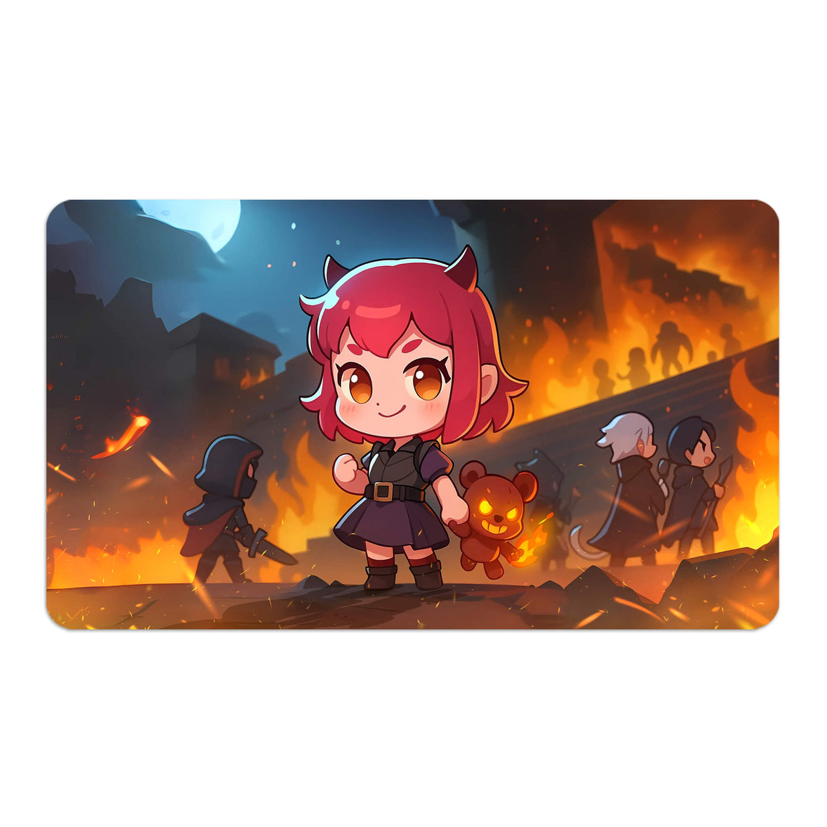 Transform your dueling experience with LDB Duel featuring our exclusive art Annie | League of Legends playmat! Featuring a soft cloth top for smooth card movement and a durable rubber back for a secure grip, this 24x14 inch mat is machine washable and safe for cards and sleeves. Tibbers-anime-yugioh-mtg-pokemon-custom-artwork-premium-durable-rubber-ldb-duel