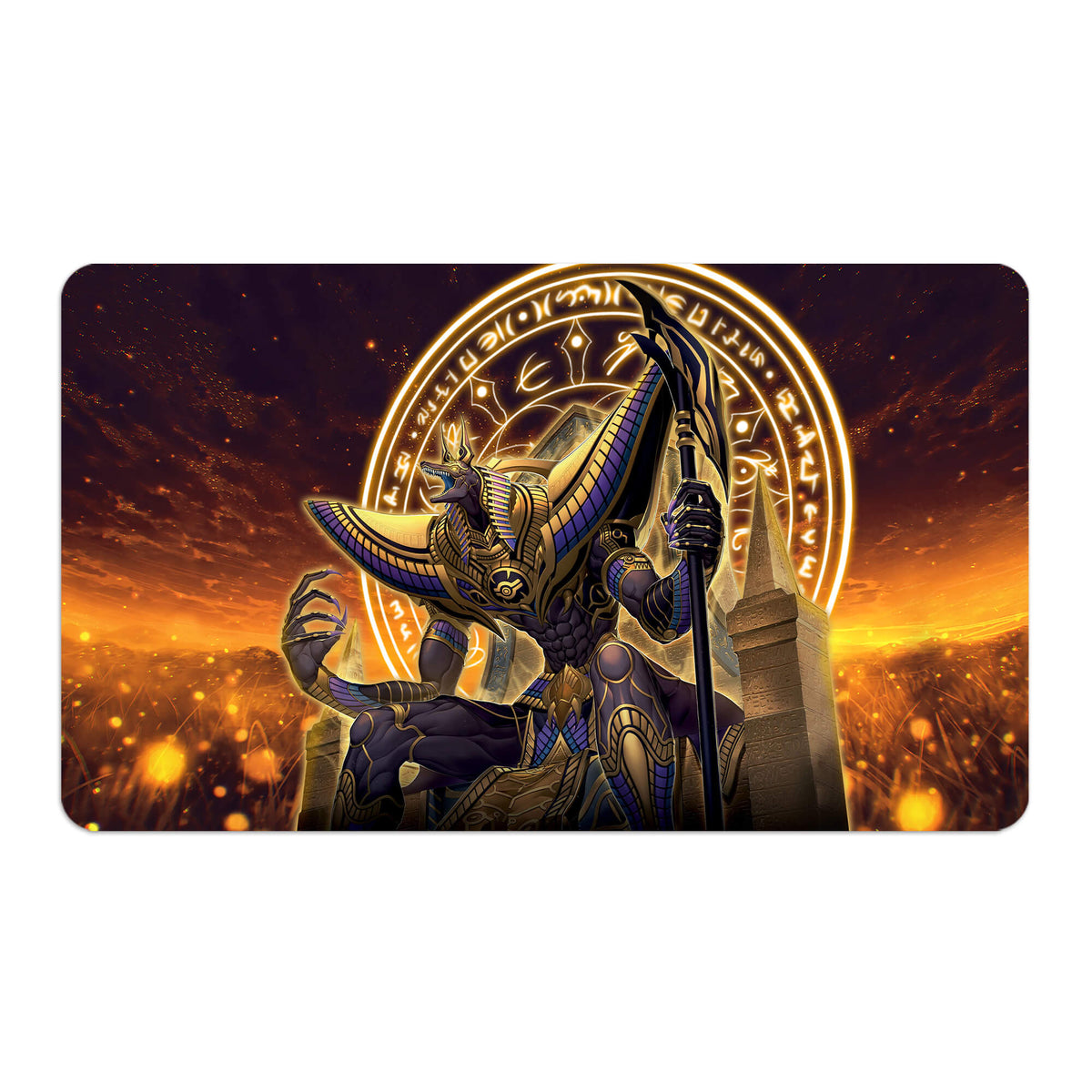 Transform your dueling experience with LDB Duel featuring our exclusive art Anubis playmat! Featuring a soft cloth top for smooth card movement and a durable rubber back for a secure grip, this 24x14 inch mat is machine washable and safe for cards and sleeves. Egyptian-God-yugioh-mtg-pokemon-custom-artwork-premium-durable-rubber-ldb-duel