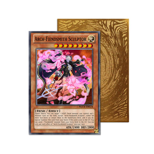 Level up your game with our custom-printed metal orica cards, featuring exclusive Arch-Fiendsmith Sculptor artwork in gold metal. Durable, scratch-resistant, and embossed with the iconic Yu-Gi-Oh! card back, these slim orica cards fit perfectly in card sleeves. Fiendsmith-yugioh-mtg-pokemon-metal-card-embossed-design-custom-artwork-duel-accessories-ldb-duel