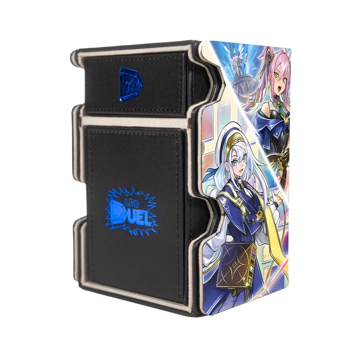 Here is the Right View of the Artmage Archetype Mach 3 Black Deck Box. Graflare-yugioh-deck-tray-dice-tray-LDB-Duel