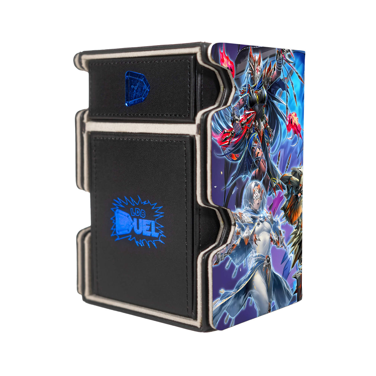 Here is the Right View of the Ashened Archetype Mach 3 Black Deck Box. Obsidim-yugioh-deck-tray-dice-tray-LDB-Duel