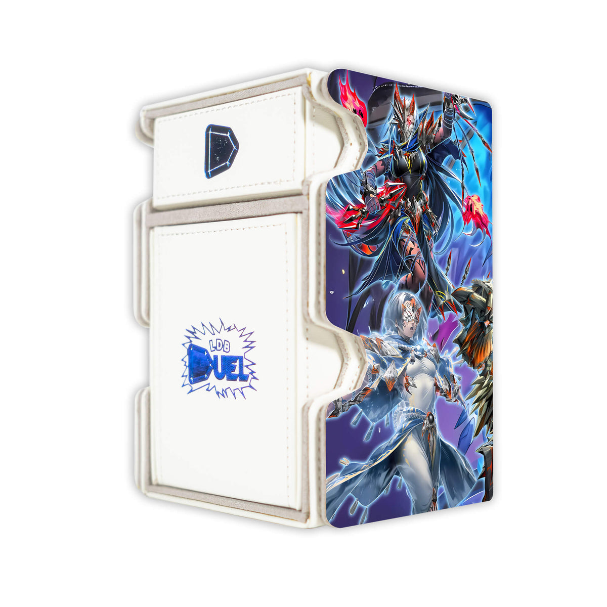 Here is the Right View of the Ashened Archetype Mach 3 White Deck Box. Obsidim-yugioh-deck-tray-dice-tray-LDB-Duel